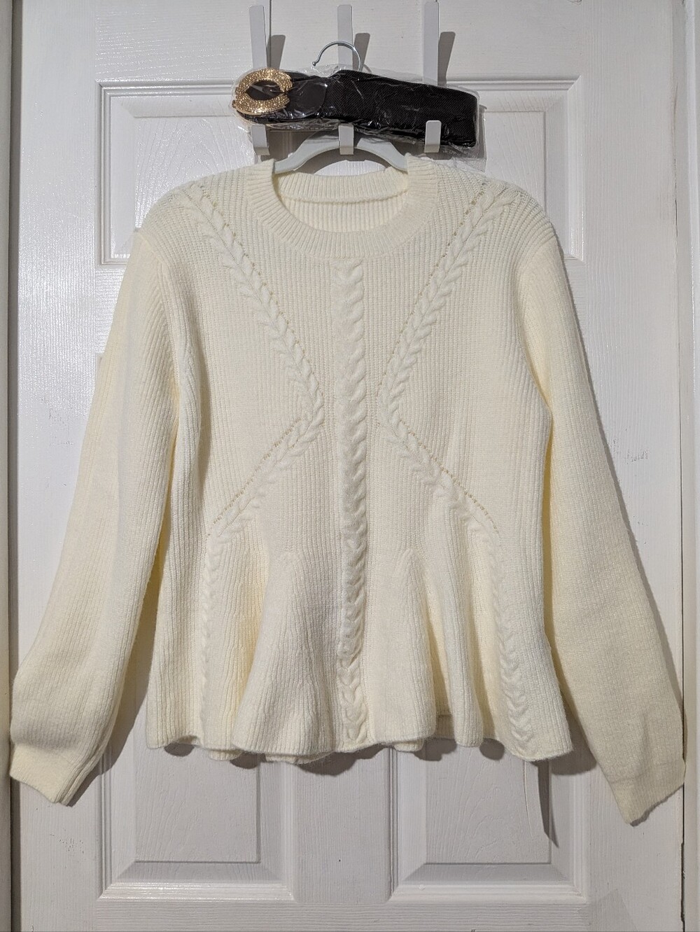 Commense Peplum Cable-Knit Top with Wide Belt - Picture 6 of 16